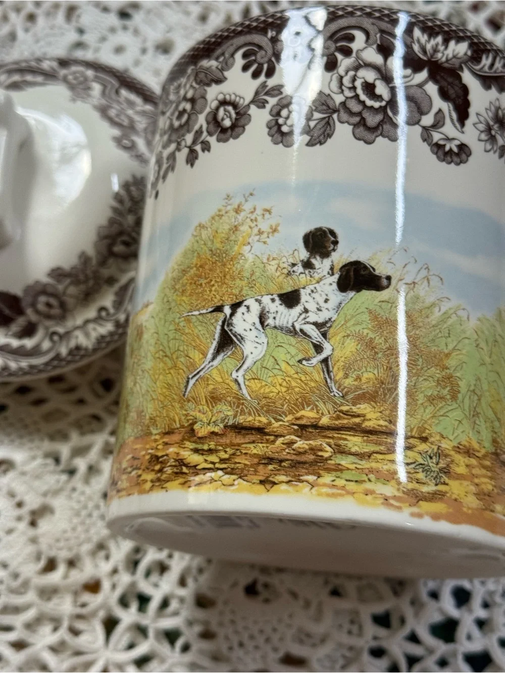 Spode Ceramic Canister with Brown Floral Border and Scenic Dog Motif